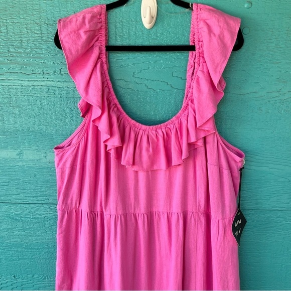 AVA & VIV PINK LINEN RUFFLE EMPIRE WAIST SLEEVELESS MIDI DRESS SIZE 2X PLUS - Picture 5 of 12